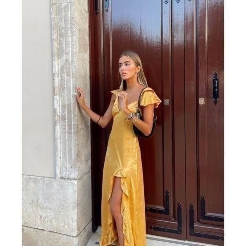 NWT Zara gold satin floral jacquard Ruffle midi  Dress XS